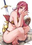  1girl aosora2823 armor artist_name bare_legs barefoot bikini_armor blush braid breasts helmet highres indian_style large_breasts long_braid looking_at_viewer looking_to_the_side on_ground one_eye_covered one_piece own_hands_together pink_hair planted planted_sword rebecca_(one_piece) shield sidelocks sitting smile solo sword underboob unworn_headwear unworn_helmet weapon 