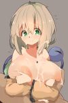  1boy 1girl absurdres bare_shoulders breasts breasts_squeezed_together closed_mouth commentary_request cum cum_on_body cum_on_breasts ejaculation grey_background grey_hair highres huge_breasts komeiji_koishi long_sleeves medium_hair paizuri simple_background smile solo_focus spy_(user_jxcc8553) third_eye touhou upper_body 