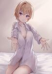  1girl absurdres andon bed_sheet blonde_hair blush breasts cleavage closed_mouth collarbone dot_nose hair_between_eyes highres idolmaster idolmaster_shiny_colors incoming_hug indoors long_sleeves looking_at_viewer naked_shirt on_bed open_hands partially_unbuttoned purple_eyes reaching reaching_towards_viewer saijo_juri shirt short_hair shy sitting small_breasts solo white_shirt 