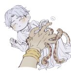  2boys aged_down baby biting biting_another&#039;s_hand blush bracelet brothers clenched_hand cropped_arms dark_souls_(series) dark_souls_i dark_souls_iii dark_sun_gwyndolin dress grabbing_another&#039;s_hand grey_hair highres jewelry lying multiple_boys nameless_king on_back short_hair siblings simple_background snake solo_focus speech_bubble teeth translation_request white_background white_dress zunkome 