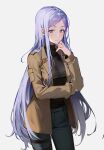  1girl 86_-eightysix- a_(sofi3103) absurdres anju_emma belt belt_buckle black_sweater blush brown_jacket buckle closed_mouth commentary_request highres jacket light_purple_hair long_hair long_sleeves looking_at_viewer open_clothes open_jacket pants purple_eyes simple_background smile solo sweater turtleneck turtleneck_sweater very_long_hair white_background 
