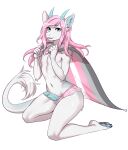  animal_genitalia anthro clothed clothing crossdressing demigirl_pride_colors dragon erection fluffy fluffy_tail fur genitals girly hair hi_res kalmor kneeling knot lgbt_pride male nude panties penis pink_hair pride_colors simple_background solo solo_focus tail tail_tuft tuft underwear viskasunya white_body white_fur 