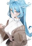  1girl aqua_eyes blue_hair cardigan casual elira_pendora glasses hair_between_eyes head_wings heterochromia highres long_hair looking_at_viewer nijisanji nijisanji_en official_alternate_costume pink_eyes ponytail punished_pigeon simple_background smile solo sweater upper_body virtual_youtuber white_background 