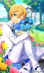  1boy ;d blonde_hair blue_socks eugeo fingernails flower formal grass green_eyes hair_between_eyes highres jewelry official_art one_eye_closed open_mouth pants pink_flower ring rose_bush smile socks solo sword_art_online sword_art_online:_alicization sword_art_online_variant_showdown white_footwear white_pants yellow_flower 