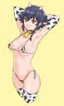  1girl absurdres animal_collar animal_print areola_slip arms_behind_head arms_up bell bikini black_hair braid breasts brown_eyes collar cow_horns cow_print cowbell cowboy_shot elbow_gloves girls_und_panzer gloves grin halterneck highres horns kuppipi_ramutarou large_areolae looking_at_viewer medium_breasts micro_bikini navel neck_bell pepperoni_(girls_und_panzer) print_bikini print_gloves print_legwear short_hair side-tie_bikini_bottom side_braid simple_background smile solo standing string_bikini swimsuit thighhighs white_bikini white_gloves white_thighhighs yellow_background 