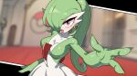  2023 3_fingers breasts drunk_oak female fingers gardevoir generation_3_pokemon green_arms green_fingers green_hair green_hands hair hair_over_eye hi_res humanoid looking_at_viewer nintendo one_eye_obstructed pokemon pokemon_(species) solo tongue white_body white_breasts white_skin 