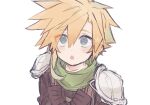  1boy :o armor black_gloves black_shirt blonde_hair blue_eyes clenched_hand clenched_hands cloud_strife crisis_core_final_fantasy_vii final_fantasy final_fantasy_vii gloves green_scarf highres looking_up male_focus military military_uniform open_mouth pauldrons same_no_nituke3 scarf shinra_infantry_uniform shirt short_hair shoulder_armor simple_background solo spiked_hair suspenders uniform white_background 