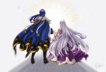  1boy 1girl absurdres blue_hair brother_and_sister cape circlet dress fire_emblem fire_emblem:_genealogy_of_the_holy_war from_behind headband highres holding_hands julia_(crusader_of_light)_(fire_emblem) julia_(fire_emblem) long_hair marth-chan_(micaiah_mrmm) ponytail purple_hair sandals seliph_(fire_emblem) seliph_(scion_of_light)_(fire_emblem) siblings simple_background very_long_hair white_headband 