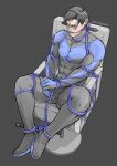  1boy artist_name bara batman_(series) bdsm black_bodysuit black_hair blue_bodysuit bodysuit bondage bound bound_ankles bound_arms bound_legs bound_wrists dc_comics dick_grayson domino_mask evinist gagged grey_background highres large_pectorals male_focus mask muscular muscular_male nightwing pectorals restrained short_hair simple_background sitting solo thick_thighs thighs two-tone_bodysuit 