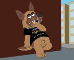  2023 2d_(artwork) animal_genitalia anthro balls bodily_fluids bullet_(paradise_pd) canid canine canis clothing cum cum_in_mouth cum_inside cum_on_body cum_on_face cum_on_shirt domestic_dog ears_up genital_fluids genitals german_shepherd herding_dog hi_res leaning_on_wall magzol male mammal netflix pastoral_dog sheath shirt solo t-shirt teeth topwear 