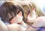  2girls blonde_hair blue_camisole blue_eyes blush brown_eyes brown_hair camisole grin highres hug kinese_(katasutorohu) looking_at_viewer maribel_hearn multiple_girls off_shoulder purple_camisole reaching reaching_towards_viewer selfie short_hair smile spaghetti_strap touhou usami_renko yuri 