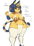  absurd_res animal_crossing ankha_(animal_crossing) anthro biped blue_hair breasts clothed clothing dialogue domestic_cat felid feline felis female frown fur gikowinko hair hi_res legwear mammal nintendo simple_background skimpy solo thigh_highs white_background yellow_body yellow_fur 