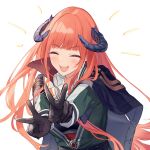  1girl :d ^_^ arknights bagpipe_(arknights) black_capelet black_gloves blush capelet closed_eyes commentary_request double_v gloves green_jacket highres horns jacket long_hair open_mouth orange_hair simple_background smile solo u_jie upper_body v very_long_hair white_background 