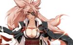  1girl amputee baiken big_hair black_jacket black_kimono breasts cleavage dide6an eyepatch facial_tattoo guilty_gear guilty_gear_strive highres jacket jacket_on_shoulders japanese_clothes kataginu katana kimono large_breasts long_hair looking_at_viewer multicolored_clothes multicolored_kimono one-eyed open_clothes open_kimono parted_lips pink_hair ponytail red_eyes samurai scar scar_across_eye solo sword tattoo torn_sleeve weapon white_kimono 