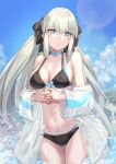  1girl absurdres bare_shoulders bikini black_bikini black_bow blue_bikini blue_bow blue_choker blue_eyes blue_sky bow bow_bikini braid breasts choker cleavage closed_mouth cloud cowboy_shot crown_braid day fate/grand_order fate_(series) grey_hair hair_between_eyes hair_bow halterneck highres interlocked_fingers jacket large_bow lens_flare light_blush long_hair looking_away medium_breasts morgan_le_fay_(fate) multicolored_bikini multicolored_clothes navel off_shoulder open_clothes open_jacket outdoors own_hands_together see-through see-through_jacket sidelocks sky solo standing stomach string_bikini swimsuit tattoo tem_(tempainting1) thigh_gap very_long_hair water water_drop wavy_mouth white_jacket wide_sleeves 