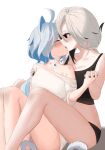 2girls ^_^ absurdres animal_ears arlecchino_(genshin_impact) bare_legs bare_shoulders black_eyes black_tank_top blue_hair blush cat_ears cat_tail chewycandy closed_eyes commentary crop_top furina_(genshin_impact) genshin_impact grey_hair hickey highres kemonomimi_mode kiss long_hair looking_at_viewer midriff multiple_girls shirt simple_background sitting symbol-only_commentary tail tank_top thighs very_long_hair white_background white_shirt yuri 
