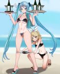  !? 2girls aqua_hair aqua_nails aruman assisted_exposure beach bikini bikini_pull black_bikini blonde_hair blue_eyes blue_sky blurry blurry_background bottle bow breasts censored clothes_pull cloud cocktail_glass colored_shoe_soles commentary cup drinking_glass female_pubic_hair full_body grin hair_bow hair_ornament hairband hairclip hands_up hatsune_miku high_heels highres holding holding_tray horizon kagamine_rin large_breasts long_hair looking_down mosaic_censoring multiple_girls navel ocean on_one_knee outdoors paid_reward_available pubic_hair pulled_by_another pussy raised_eyebrow sandals sky small_breasts smile standing swept_bangs swimsuit towel_on_one_shoulder tray trembling twintails variant_set very_long_hair vocaloid white_bow white_hairband wine_bottle 