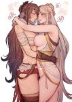  2girls bandages beidou_(genshin_impact) blush breast_press breasts brown_gloves brown_hair dress fingerless_gloves genshin_impact gloves grey_hair hair_ornament hair_stick heart highres hug ikarin large_breasts long_hair multiple_girls ningguang_(genshin_impact) nipples parted_lips pussy_juice red_eyes scar scar_on_arm scar_on_cheek scar_on_face scar_on_leg simple_background spoken_heart symmetrical_docking tassel tassel_hair_ornament thighhighs torn_clothes very_long_hair white_background white_dress yuri 