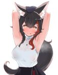  1girl :p animal_ear_fluff animal_ears armpits arms_behind_head arms_up beret black_hair black_headwear black_skirt blush braid breasts brown_eyes closed_mouth commentary_request hair_ornament hairclip halter_shirt halterneck hat heart heart-shaped_pupils highres hololive kani_bonara large_breasts long_hair looking_ahead looking_at_viewer low_ponytail multicolored_hair official_alternate_costume official_alternate_hairstyle ookami_mio ookami_mio_(5th_costume) orange_eyes red_hair shirt shirt_tucked_in side_braid simple_background single_braid skirt sleeveless sleeveless_shirt smile solo steaming_body streaked_hair sweat sweaty_clothes symbol-shaped_pupils tongue tongue_out upper_body very_long_hair very_sweaty virtual_youtuber wet wet_clothes wet_shirt white_background white_shirt wide_ponytail wolf_ears wolf_girl yellow_eyes 