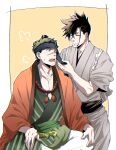  2boys black_hair black_headband brown_hair closed_eyes facial_hair grey_kimono headband highres japanese_clothes kimono kurima_raizou miosaka0000 multiple_boys revenger scar scar_on_face sitting souji_(revenger) stubble sweatdrop tasuki yellow_background 