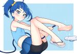  1girl ahoge bare_legs bare_shoulders barefoot black_shorts blue_background blue_eyes blue_hair blue_skirt blue_tank_top bow breasts feet full_body hair_bow highres hirogaru_sky!_precure holding hose knees_together_feet_apart leaning_back legs looking_at_viewer midriff navel nishikasai_munieru pleated_skirt precure sandals shiny_skin shorts side_ponytail skirt small_breasts solo sora_harewataru sparkle spread_toes tank_top thighs toenails toes water yellow_bow 