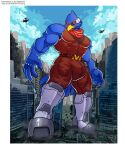  absurd_res aircraft avian bird blue_body boots building bulge city clothing destruction falco_lombardi footwear helicopter hi_res macro nintendo scarf solo star_fox stomping wolfmalro 