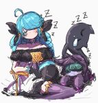  2girls absurdres ahoge bare_shoulders black_bow black_dress black_gloves blush bow closed_eyes collarbone commentary dress drill_hair gloves green_hair grey_dress gwen_(league_of_legends) hair_bow highres hood hood_up league_of_legends long_hair lying monakan_japan multiple_girls off_shoulder on_stomach purple_thighhighs simple_background sitting sketch symbol-only_commentary thighhighs twin_drills vex_(league_of_legends) white_background zzz 