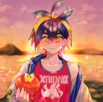  1boy black_hair blurry blurry_background closed_mouth cloud collarbone colored_inner_hair commentary_request crossed_bangs dipplin frown hair_between_eyes hairband highres holding holding_pokemon jacket kieran_(pokemon) male_focus mofumofuyarou mole mole_on_neck multicolored_hair off_shoulder outdoors pokemon pokemon_(creature) pokemon_sv red_shirt shirt sky sleeveless sleeveless_shirt tank_top twilight upper_body white_jacket yellow_eyes yellow_hairband 