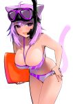  1girl ahoge animal_ear_fluff animal_ears bare_shoulders bikini blush breasts cat_ears cat_girl cat_tail cleavage dismassd diving_mask diving_mask_on_head goggles goggles_on_head hair_between_eyes highres hololive large_breasts looking_at_viewer navel nekomata_okayu open_mouth purple_eyes purple_hair simple_background smile snorkel solo swimsuit tail virtual_youtuber white_background 