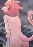  1girl animal_ears blonde_hair cat_ears cat_girl cat_tail completely_nude highres holding holding_towel lingxia looking_at_viewer looking_back multicolored_hair nude original pink_hair short_hair streaked_hair tail towel two-tone_hair 