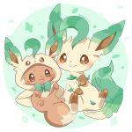  animal_hands artist_name blush bow brown_hair cape closed_mouth cosplay eevee green_bow hood hood_up kana_(maple926) leaf leafeon no_humans open_mouth pokemon pokemon_(creature) simple_background smile split_mouth tail two-tone_background 