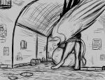  abdominal_bulge after_vore avian balls burping butt english_text feral feral_pred genitals gryphon hi_res jagg_(thatgryphonguy) male male_pred monochrome mythological_avian mythology rear_view sketch tail tail_wraps text thatgryphonguy vore warning_message wings wraps 
