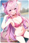  1girl :3 animal_ears bikini blurry blurry_background blush breasts cleavage collarbone hakui_koyori haru_(re_ilust) highres hololive large_breasts long_hair looking_at_viewer navel open_mouth pink_bikini pink_hair purple_eyes sitting smile solo stomach swimsuit tail thighs virtual_youtuber wolf_ears wolf_girl 