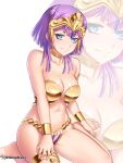  1girl armlet bernadetta_von_varley bikini blue_eyes blush breasts choker cleavage collarbone cosplay earrings embarrassed english_commentary etchimune fire_emblem fire_emblem:_three_houses gold_bikini headpiece jewelry large_breasts looking_at_viewer metal_bikini navel purple_hair shantae shantae_(cosplay) shantae_(series) short_hair short_hair_with_long_locks simple_background sitting solo swimsuit tareme thigh_strap thighs twitter_username wariza white_background wide_hips 