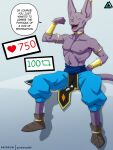  anthro beerus bottomwear clothed clothing digital_media_(artwork) domestic_cat dragon_ball dragon_ball_super english_text felid feline felis footwear gold_(metal) gold_jewelry hairless hairless_cat hi_res jewelry male mammal open_mouth pants partially_clothed piercing prismanoodle_(artist) purple_body shoes simple_background solo sphynx_(cat) tail text undressing 