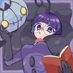  1girl black_bow blunt_bangs bob_cut book bow breasts buttons chandelure deli_bird elbow_gloves fire ghost glasses gloves holding holding_book holding_notebook large_bow large_breasts notebook pokemon pokemon_(creature) pokemon_(game) pokemon_bw purple_eyes purple_fire purple_hair purple_skirt round_eyewear shauntal_(pokemon) skirt underbust 