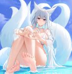  1girl animal_ears ass azur_lane bare_legs bare_shoulders bikini blue_eyes breasts choker closed_mouth convenient_leg feet fox_ears fox_tail halterneck heart heart_hands highres large_breasts long_hair looking_at_viewer multiple_tails off_shoulder official_alternate_costume qing_wu shinano_(azur_lane) shinano_(dreamy_white_sands)_(azur_lane) smile soles solo string_bikini swimsuit tail thighs toes very_long_hair wet white_bikini white_choker white_hair 