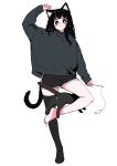  1girl ahoge animal_ear_fluff animal_ears arm_up balancing bare_legs barefoot black_cat black_eyes black_hair black_shorts black_thighhighs blunt_bangs blush blush_stickers cat cat_ears cat_girl cat_tail cat_teaser full_body grey_hoodie highres holding hood hoodie legs looking_at_viewer megateru nose_blush original shorts single_sock smile socks soles solo standing standing_on_one_leg tail thighhighs toes white_background 
