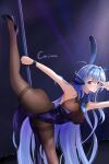  1girl absurdly_long_hair animal_ears arm_strap azur_lane bent_over bodystocking fake_animal_ears flexible high_kick highres jzby kicking leg_lift leg_up leotard long_hair new_jersey_(azur_lane) new_jersey_(exhilarating_steps!)_(azur_lane) official_alternate_costume pantyhose playboy_bunny pole pole_dancing purple_leotard rabbit_ears see-through_cleavage solo split standing standing_on_one_leg standing_split strapless strapless_leotard stripper_pole thighband_pantyhose v very_long_hair 