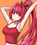 1girl armpits arms_up breasts cleavage crop_top hair_intakes hair_ribbon highres large_breasts long_hair looking_at_viewer orange_background ponytail purple_hair red_eyes ribbon simple_background smile solo tank_top tb_(spr1110) under_night_in-birth upper_body very_long_hair yuzuriha_(under_night_in-birth) 