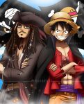  2boys artist_name beard black_hair closed_mouth crossed_arms crossover eyeshadow facial_hair hat highres jack_sparrow jewelry jolly_roger long_hair looking_at_viewer makeup monkey_d._luffy multiple_boys mustache one_piece pirate pirate_costume pirate_hat pirates_of_the_caribbean rakara11 ring scar scar_on_cheek scar_on_face short_hair smile straw_hat 