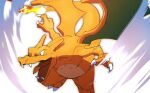  blurry charizard claws fangs flame-tipped_tail furrowed_brow horns morio_(poke_orio) no_humans open_mouth pokemon pokemon_(creature) solo tongue white_background 