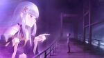  1boy 1girl black_dress black_hair blade_runner_2049 dress elf hair_slicked_back highres jacket movie_reference natsuki_subaru parody parted_lips pointing pointy_ears purple_eyes rappa re:zero_kara_hajimeru_isekai_seikatsu satella_(re:zero) scene_reference short_hair sidelocks squatting standing track_jacket track_suit 