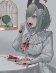  1girl birdcage blood blood_on_clothes blood_on_face blue_eyes bob_cut bow bowtie breasts brown_horns cage cannibalism center_frills commentary_request cowboy_shot curled_horns demon_girl demon_horns dress eating eyepatch flower fork frilled_dress frilled_sleeves frills futayamam2 grey_background guro hair_flower hair_ornament heart heart_(organ) highres holding holding_fork horns large_breasts lolita_fashion medium_bangs nanashi_inc. open_mouth pointy_ears rose sekishiro_mico short_hair solo table tablecloth virtual_youtuber white_bow white_bowtie white_dress white_flower white_rose 