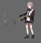  1girl black_footwear black_gloves black_jacket black_necktie black_skirt bolt_action cheytac_m200 full_body girls&#039;_frontline gloves grey_background grey_eyes grey_hair gun headphones headphones_around_neck highres holding holding_gun holding_weapon jacket long_sleeves m200_(girls&#039;_frontline) medium_hair necktie open_clothes open_jacket ouaau21 ponytail rifle shirt shoes sidelocks simple_background skirt smoke smoking_gun sniper_rifle solo standing weapon white_shirt 