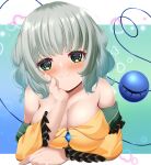  1girl absurdres bare_shoulders breasts closed_mouth commentary_request gradient_background green_background green_eyes green_hair heart heart_of_string highres komeiji_koishi large_breasts musi_tino smile solo third_eye touhou upper_body 