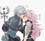  1boy 1girl blue_eyes couple dwyer_(fire_emblem) fire_emblem fire_emblem_fates hair_over_eyes hairband hetero holding holding_staff insarability long_hair open_mouth pink_hair soleil_(fire_emblem) staff 