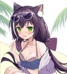  1girl animal_ear_fluff animal_ears blush breasts cat_ears cat_girl cleavage eyewear_on_head green_eyes jacket karyl_(princess_connect!) long_hair looking_at_viewer medium_breasts moorina off_shoulder open_clothes open_jacket open_mouth outdoors palm_tree princess_connect! purple_hair sitting solo sunglasses swimsuit tree 