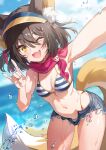  1girl ;d animal_ear_fluff animal_ears beach bikini blue_archive blue_shorts blue_sky breasts brown_hair cloud commentary_request day fox_ears fox_girl fox_shadow_puppet fox_tail highres hoshiko_(419401x) izuna_(blue_archive) izuna_(swimsuit)_(blue_archive) looking_at_viewer medium_breasts navel official_alternate_costume one_eye_closed outdoors selfie short_hair shorts sky smile solo standing striped striped_bikini swimsuit tail torn_clothes torn_shorts visor_cap wet 