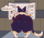  2023 4_fingers akumakanji ambiguous_gender anthro appliance big_butt biped bottomless butt clothed clothing cross-popping_vein digital_media_(artwork) domestic_cat felid feline felis fingers fridge hi_res huge_butt kitchen_appliance mammal mostly_nude rear_view simple_background solo thick_thighs topwear wide_hips 